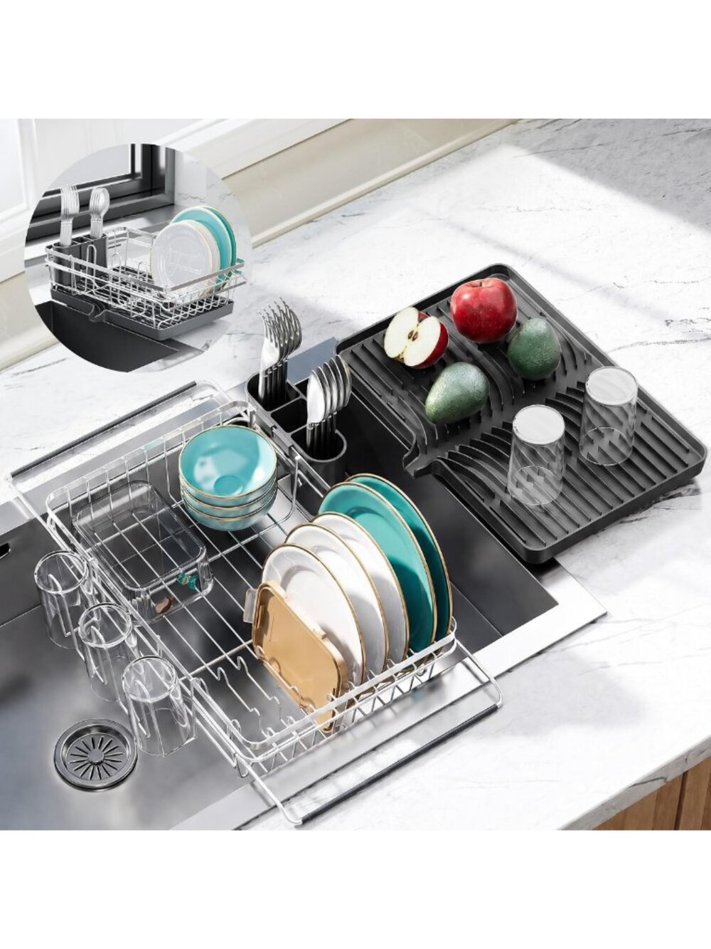 Over Sink Dish Drying Rack with Drainboard - Space-Saving Kitchen Organizer